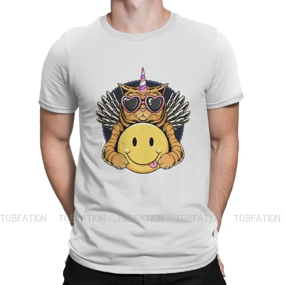

Popularity Trend TShirt for Men Unicorn Cat Angel Wings and Holding Smile Emoticon Humor Summer Tee T Shirt Novelty New Design