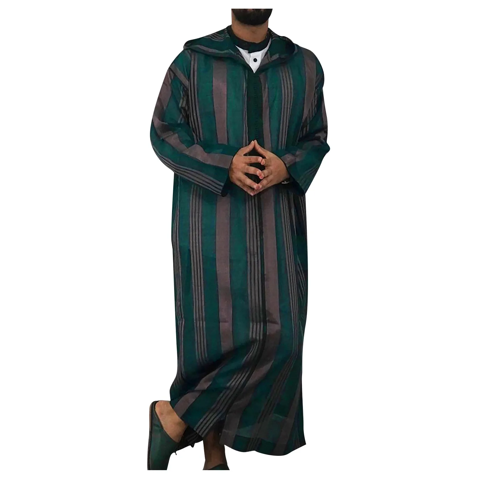 

Men Ethnic Robe Vintage Striped Long Sleeve Muslim Kaftan Robe O Neck Buttons Jubba Thobe Pockets Dubai Arabic Clothing