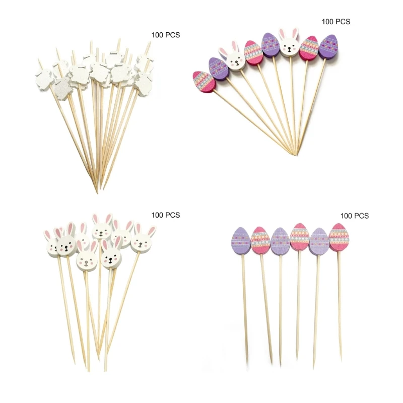 

100Pcs Rabbit Disposable Bamboo Skewers Easter Egg Bunny Food Toothpick Fruit Forks Picks for Kids Snack Sticks Buffet Cake