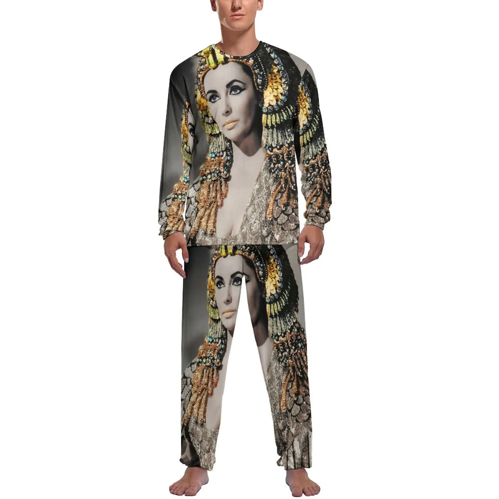 Egypt Queen Pajamas Winter Elizabeth Taylor Casual Sleepwear Mens 2 Pieces Pattern Long Sleeves Warm Pajama Sets