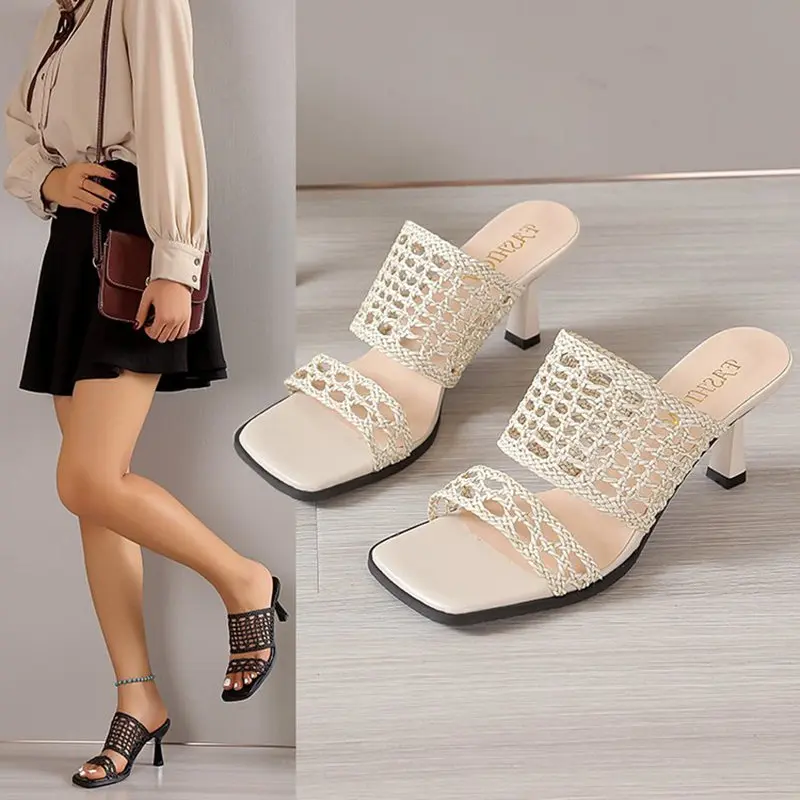 

Женские сандалии с открытым носком, открытый квадратный каблук, с кристаллами, без застежки, пляжные тапочки, тапочки, шлепанцы