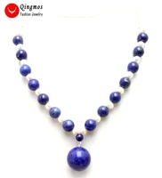 qingmos 18mm round natural blue lapis lazuli pendant necklace for women with 6 7mm round white pearl necklace 17 choker jewelry