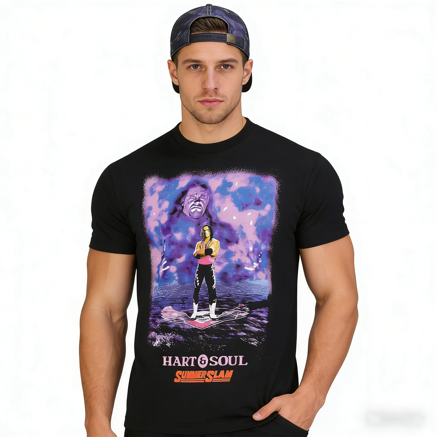 Фото Мужская черная футболка с винтажным принтом Bret Hart Hart&Soul, классическая модная модель, свободного кроя, дышащая, подходит для активного отдыха на природе №1