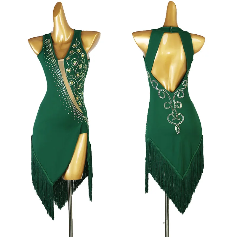 

Latin Dance Dress Latin Skirt Competition Dress Costumes Performing Dresses Sparkly Rhinestones Customize Fluorescent Green Slim