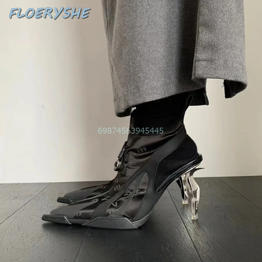 Женские ботинки на металлическом каблуке черные с острым носком без шнуровки 2024