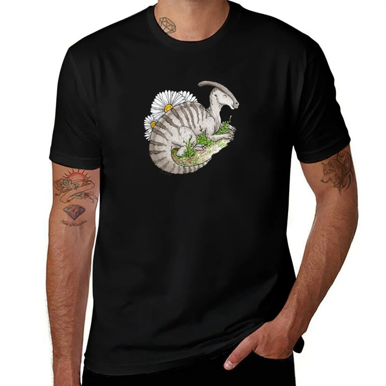 Фото Футболка Parasaurolophus + Daisies, функциональная повседневная футболка с коротким рукавом №1