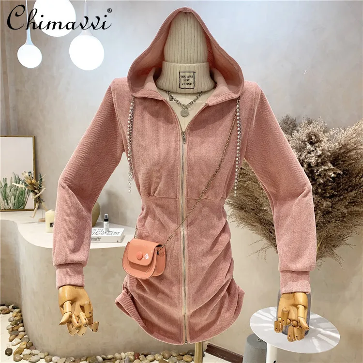 

2021 Autumn Women's Clothing French Fashion Retro Long Sleeve Hooded Sweatershirt Dress All-Match Slim Zipper Corduroy Dress