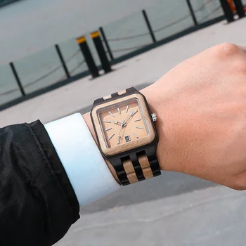Casual Fashion Quartz Watch Mens Unique Square Wooden Watches Male Automatic Date Simple Design Clock relogio masculino hombre Other Image