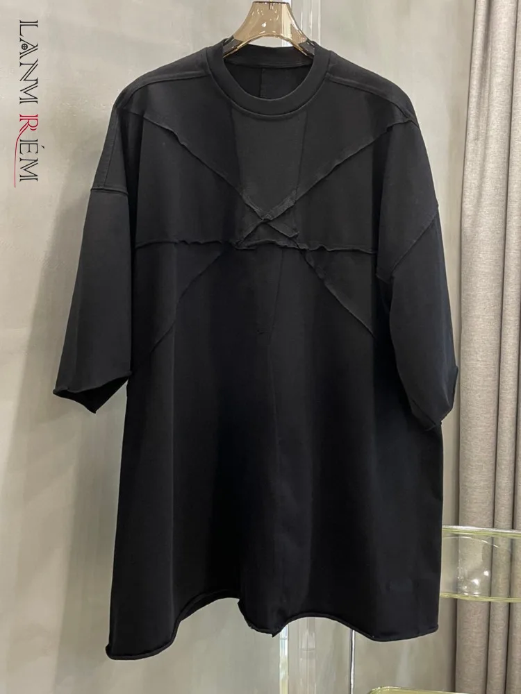 

LANMREM Vintage Irregular Design T-shirt Women Round Neck Short Sleeves Solid Color Tops Streetwear 2023 New Clothing 32A320