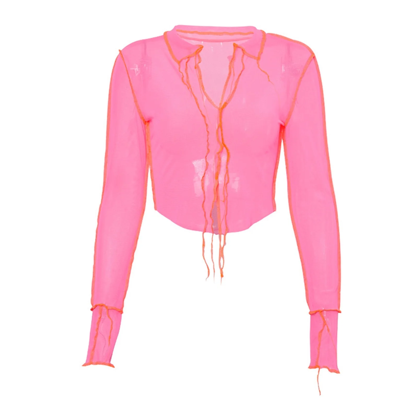 

2022NEW Fashion Tees Mesh See Through Neon Pink Blue Women Crop Tops Long Sleeve Sexy Hot Patchwork T Shirts V Neck Party Club