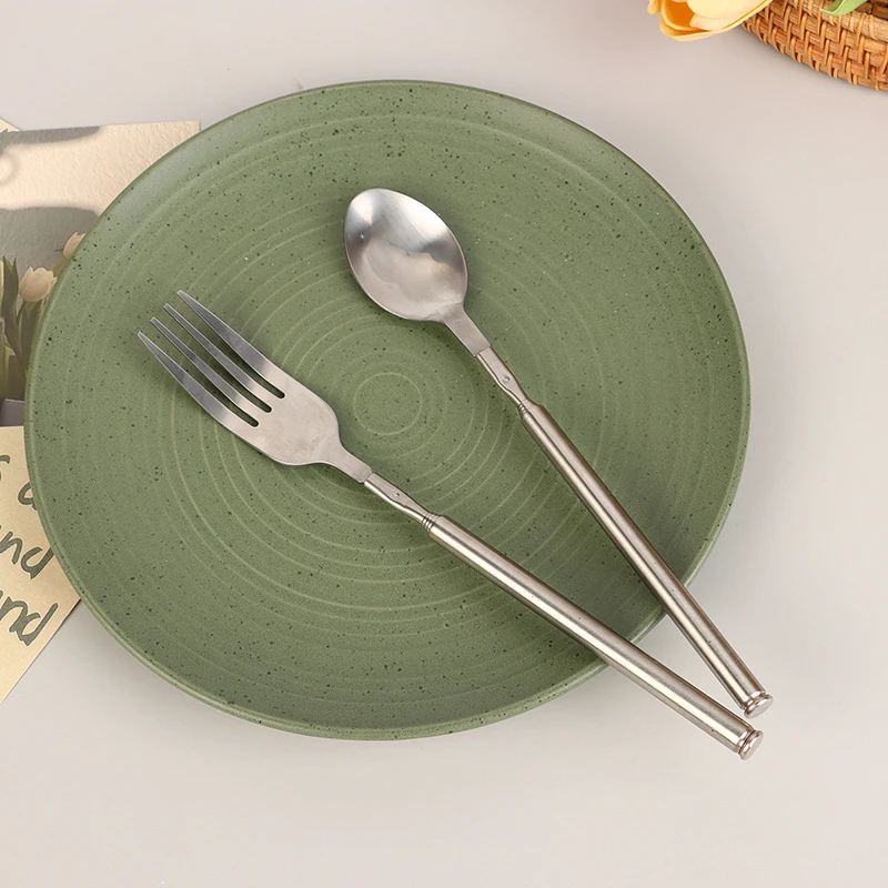 Серебряная телескопическая выдвижная ложка-вилка из нержавеющей стали длинные