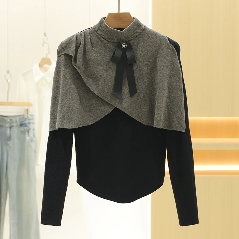 [Sha] Elegant Small Stand Collar Fake Two-Piece Commuter Slimming Long sleeve Knit sweater 24 Winter New Withdraw from Cupboa...