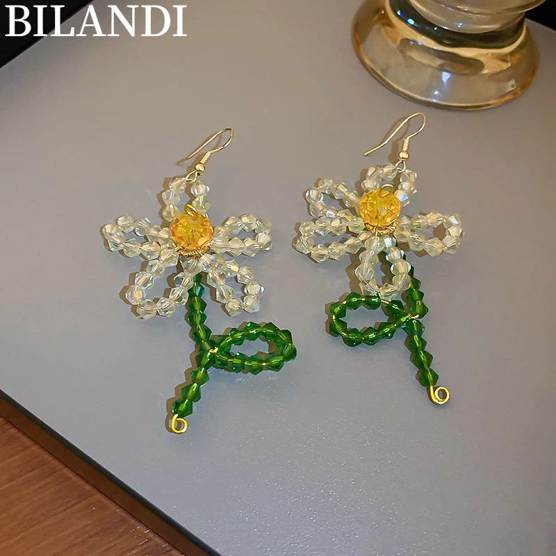 

Bilandi Popular Style Flower Earrings 2022 New Trend Hot Sale Spring Trend Fairy White Green Glass Beads Drop Earrings For Women