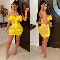sexy women feather two piece set strapless shirt mini skirt dress sheer mesh party night clubwear dresses for women outfit
