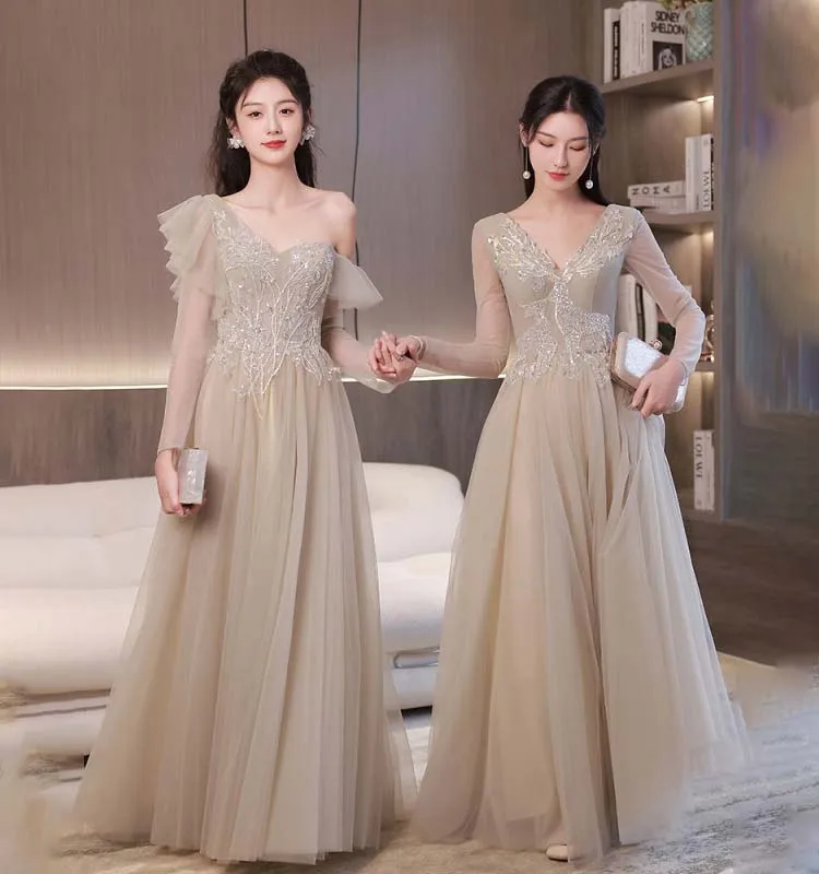 

New V-Neck Bridesmaid Dresses Empire Full Sleeves Appliques A-Line Elegant Floor-Length Pleat Tulle Lady Formal Party Gown E1226