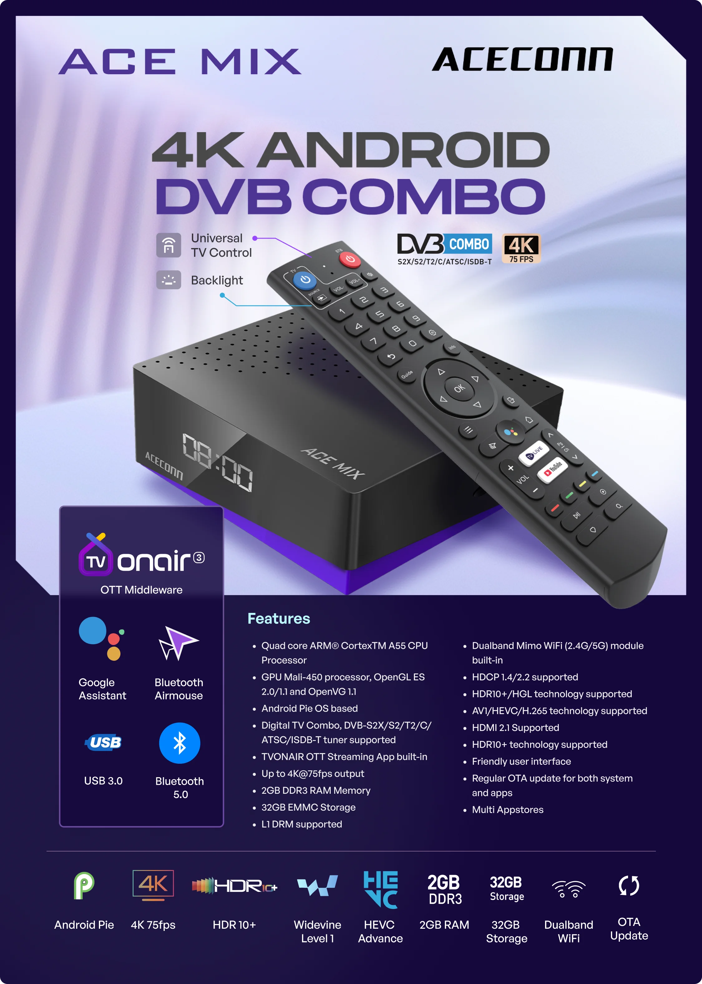Супутниковый ресивер ACECONN ACEMIX, Android iptv-коробки, 4K DVB-S2T2C TVONAIR3, плеер, 32 ГБ, двойной Wi-Fi, BT, пульт дистанционного управления с воздушной мышью (art.: 3920d0f0ad366) - 3920d0f0ad366