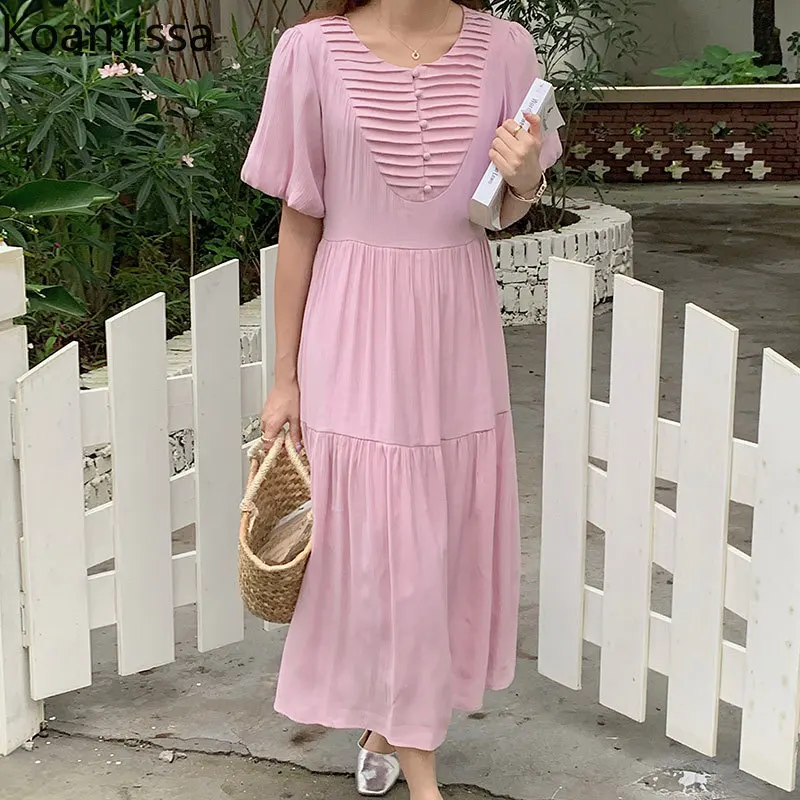 

Koamissa Women Solid Sweet Ruched Maxi Dress Lantern Sleeves Lady Chic Korean Dresses Female Summer 2022 New Vestidos A Line