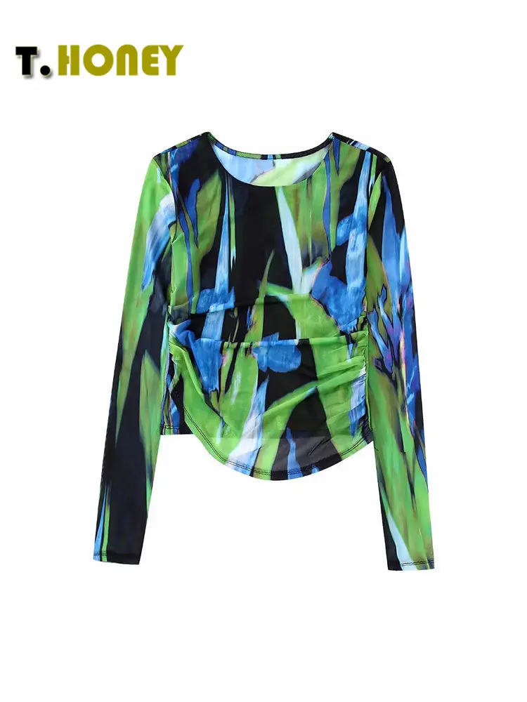 

TELLHONEY Women Fashion O-Neck Silk Net Print Front Waist Pleats Tops Female Long Sleeves Loose Straight Hem Irregular Smock