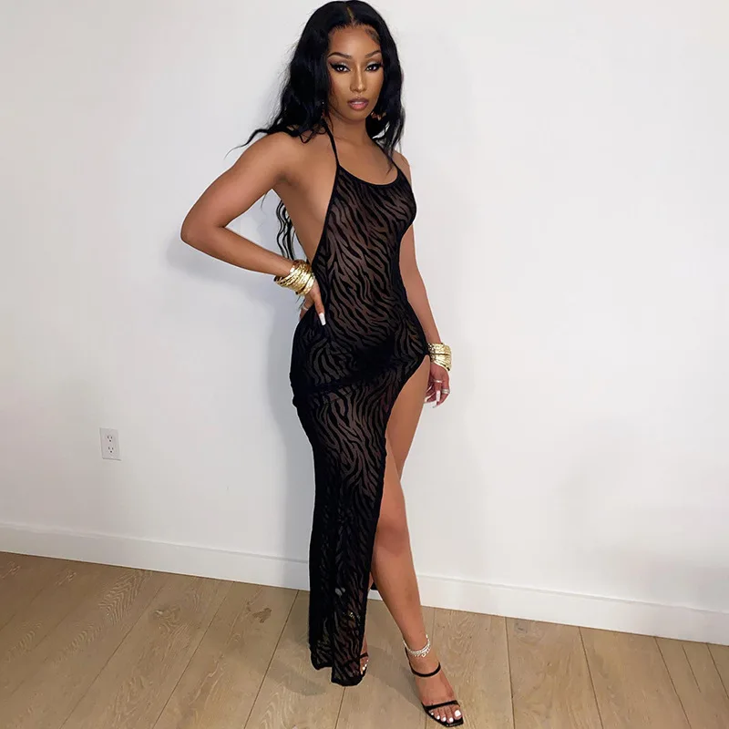 

Wishyear 2022 Sexy Black Mesh See Through Dress Club Party Wear Irregular High Slit Backless Halter Long Dresses for Women