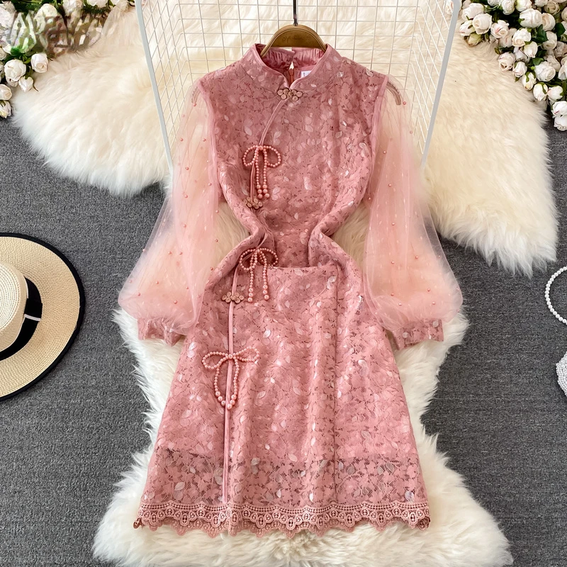 

Cheongsam lace stand collar long sleeve slender temperament show thin dress mesh sense stitching bead improved high-end