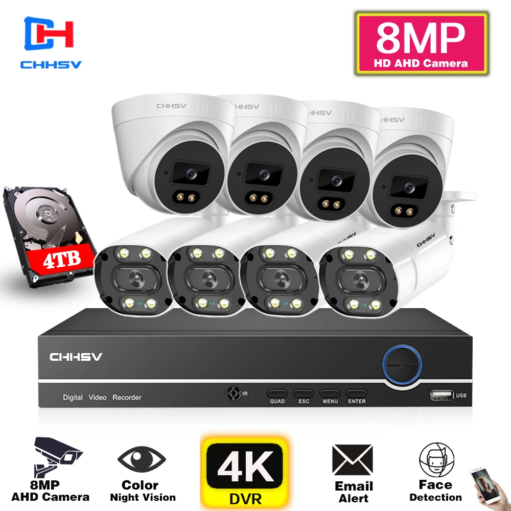 

CHHSV 4K Ultra HD Colorfull Video Surveillance System 8CH 8MP H.265+ DVR With 8MP Outdoor Weatherproof Security CCTV Cameras