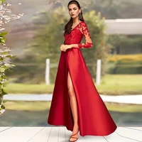 elegant dress women for wedding party side slit applique satin floor length mother of the bridegroom gown v neck with pockets