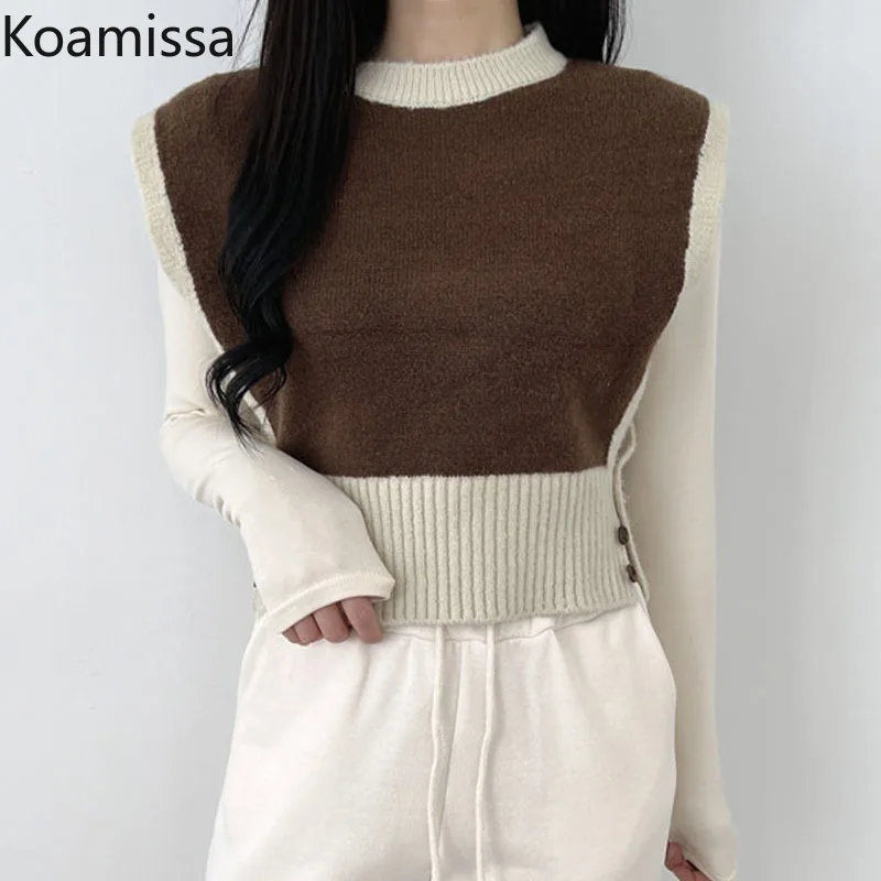 

Koamissa Knitted Women Casual Loose Sweater Vest Sleeveless O Neck Cropped Tops Retro Fashion Lady Chic Kroean Tanks 2022 Camis