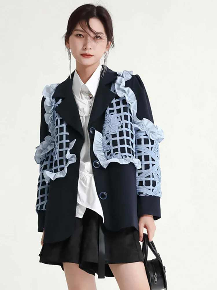 

Women Denim Ruffles Big Size Blazer New Lapel Long Sleeve Loose Fit Jacket Fashion Tide Spring Autumn 2022 C503