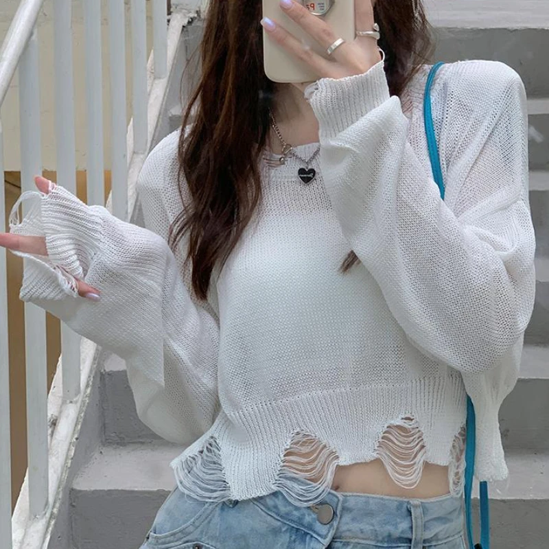

Women's Clothing Harajuku Knitted Top Lady Thin Slit Broken Knit Pullover Sweaters Female Thin Long Sleeve Short Sweater 315C