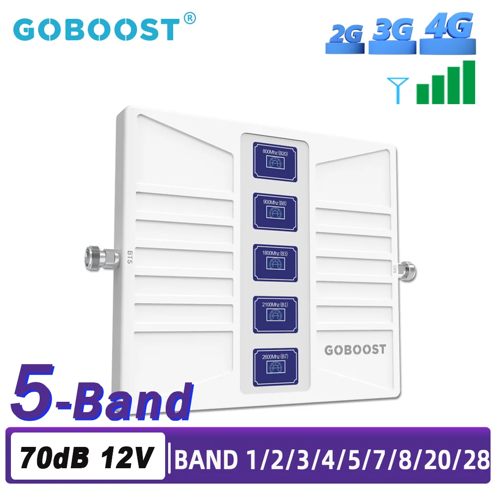 GOBOOST 5 Band Signal Booster 4G LTE Cellular Amplifier 800 B20 900 1800 2100 2600 B7 700 B28 MHz 2G 3G GSM Cell Phone Repeater