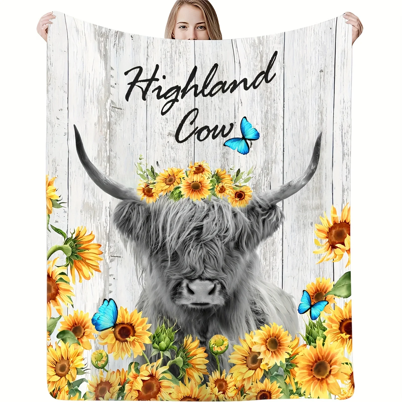 

1pc Highland Cow Sunflower Printed Flannel Blanket, Cozy Soft Throw Blanket For Couch Bed Sofa Camping Travelling