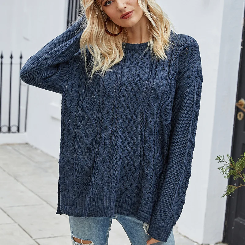 

Woman Casual Loose Pullover Knitted Sweater Women Autumn and Winter Women's Pullovers Cable Slit Crew Neck Sweater Top Clothes