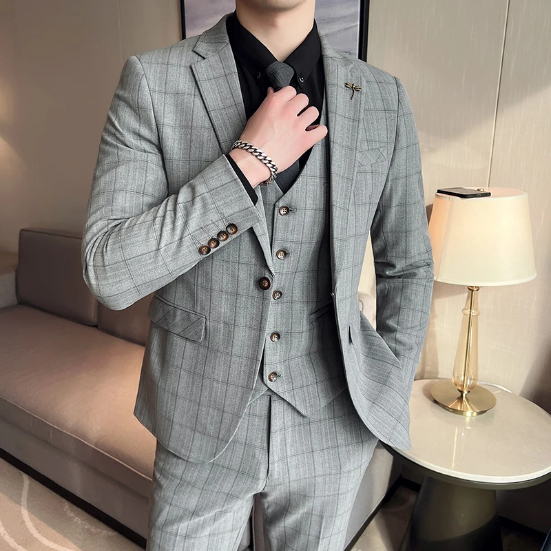 High-quality (Blazer + Vest + Trousers) Men's British Style Slim Simple Casual Business Elegant Fashion Gentleman's 3-piece Suit