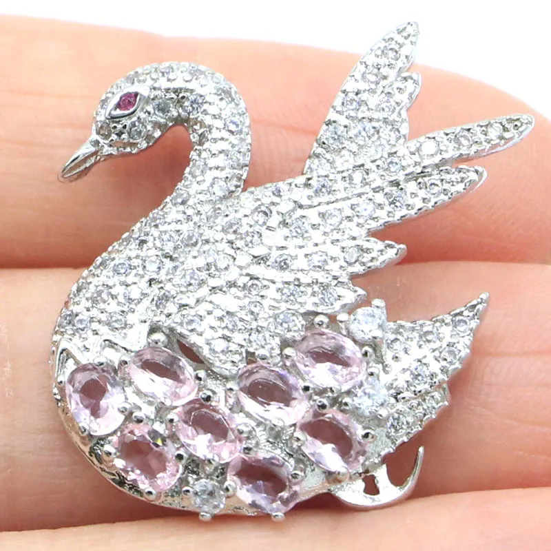 

30x28mm Luxury Swan 5.4g Pink Kunzite CZ Ladies Bride Wedding Silver Pendant Drop Shipping