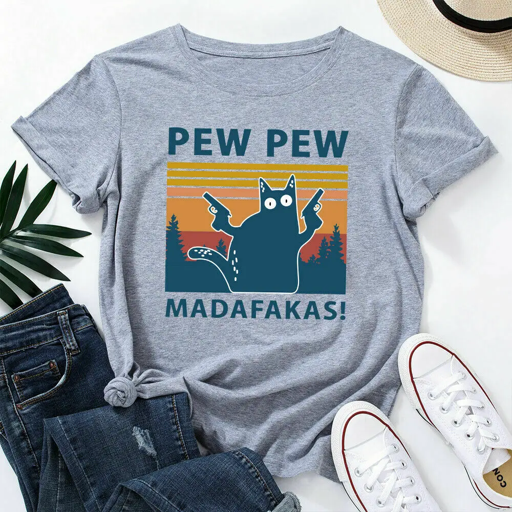 

Pew Pew Cat Shirt Women Cotton Graphic Tee Tshirt Short Sleeve Cute Cat T Shirt