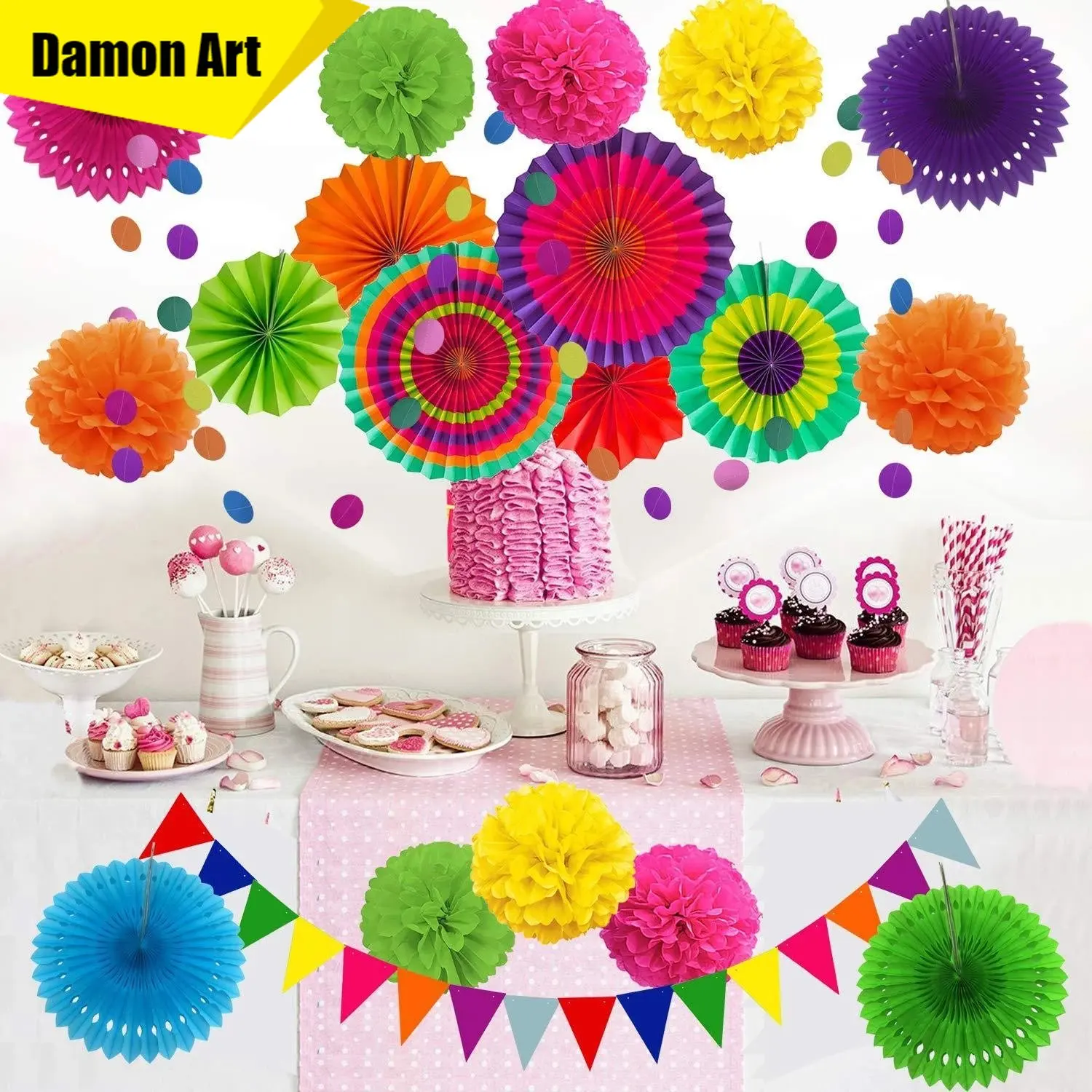 

20 Pcs Hanging Paper Fans, Pom Poms Flowers, Garlands Bunting Flags Decoration Birthday Girl Boy Party Wedding Baby Shower Gift