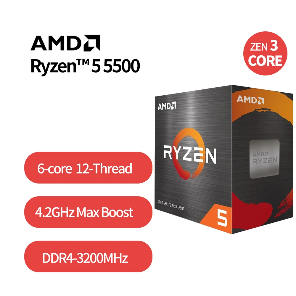 NEW AMD Ryzen 5 5500 R5 5500 3.6GHz Six-Core Twelve-Thread CPU Processor 7NM 65W L3=16M 100-000000457 Socket AM4 with cooler fan