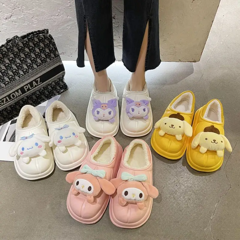 

Kawaii Sanrios Winter Slippers Warm Non-Slip Plush Cotton Soft-soled Home Shoes Kuromi Cinnamoroll My Melody Cute Cartoon Gift