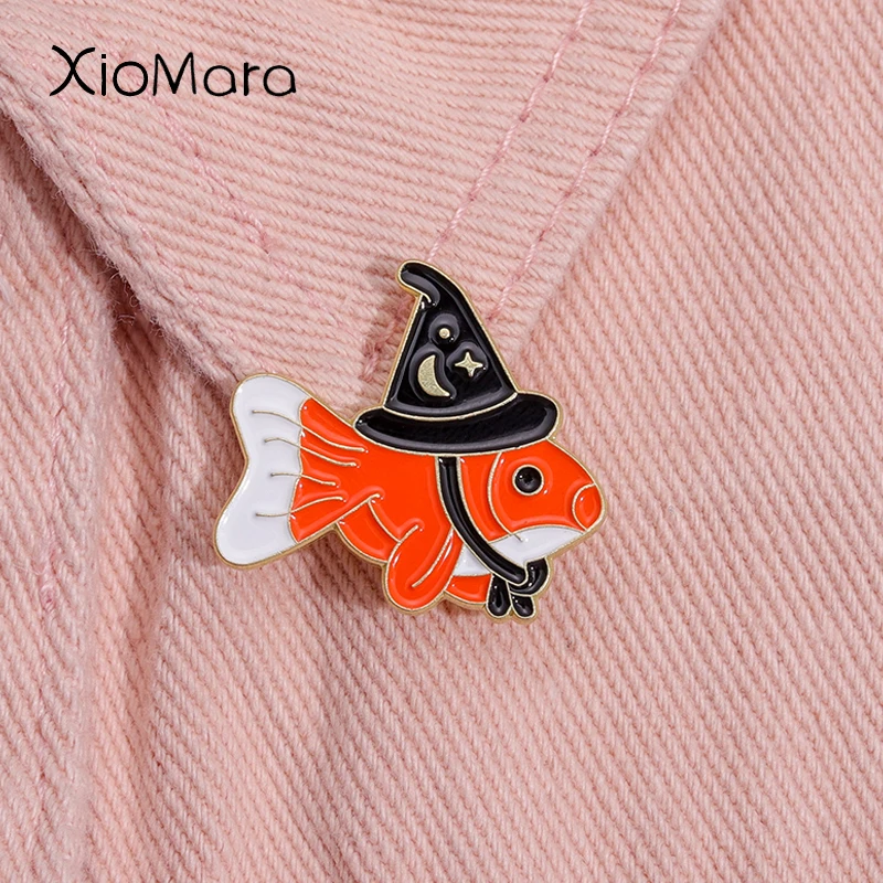 

Cartoon Goldfish Enamel Pins Happy Fish With Witch Hat Travel The World Cute Animal Badge Lapel Backpack Brooches For Kids Gifts