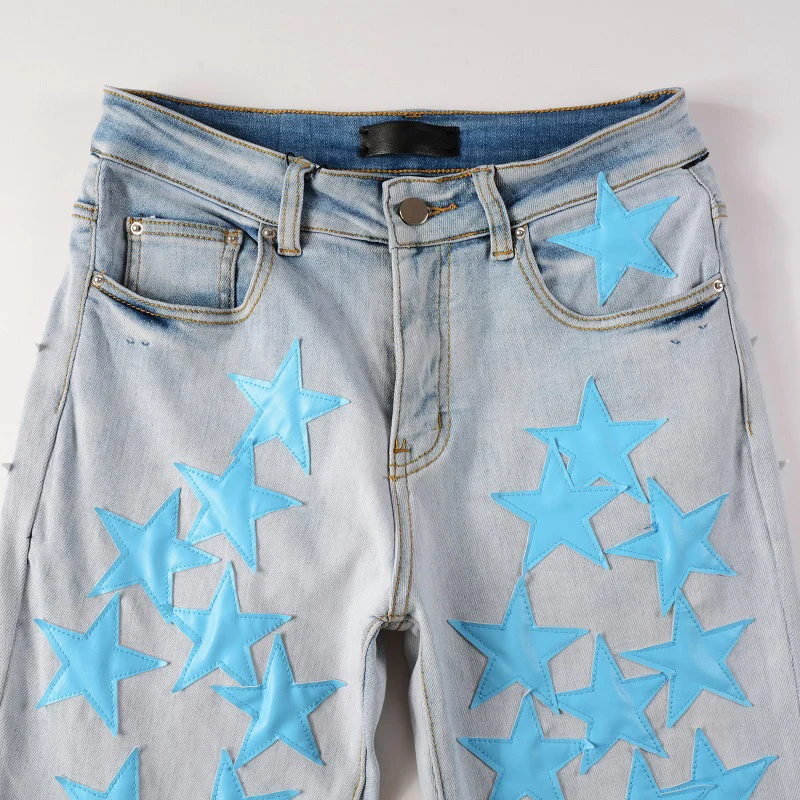Men's Light Blue Distressed Streetwear Blue Stars Patchwork Slim Stretch Skinny High Street Fashion Style Ripped Jeans