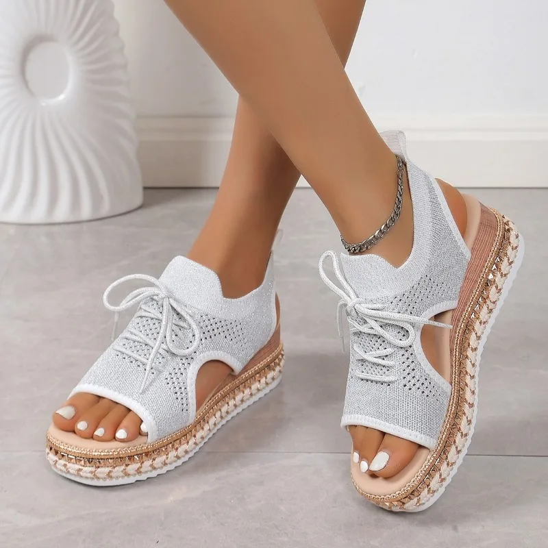 Современные сетчатые сандалии на высоком каблуке женские босоножки танкетке со