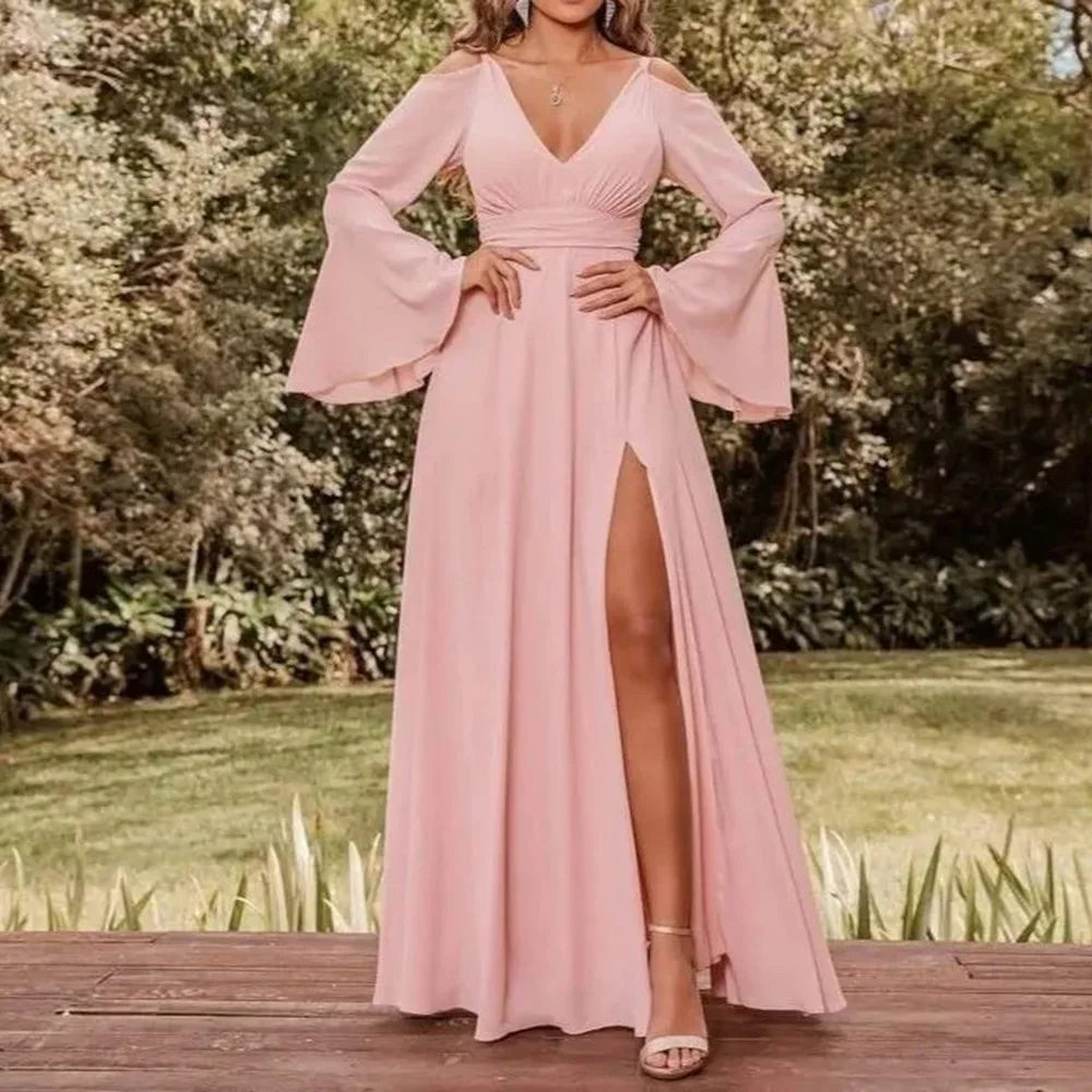 

Woman 2023 New Pink Sexy V-Neck Floor-Length Formal Occasion Evening Dresses Gown For Wedding Party Elegant Ladies Prom Skirt