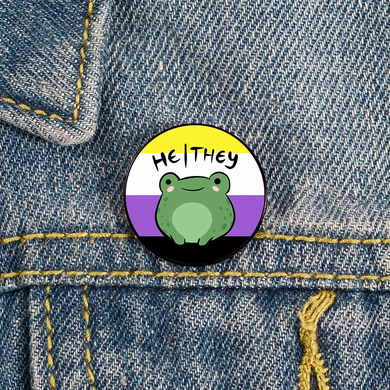 

Nonbinary Pride he they pronoun frog Pin Custom cute Brooches Shirt Lapel teacher tote Bag backpacks Badge gift pins for women