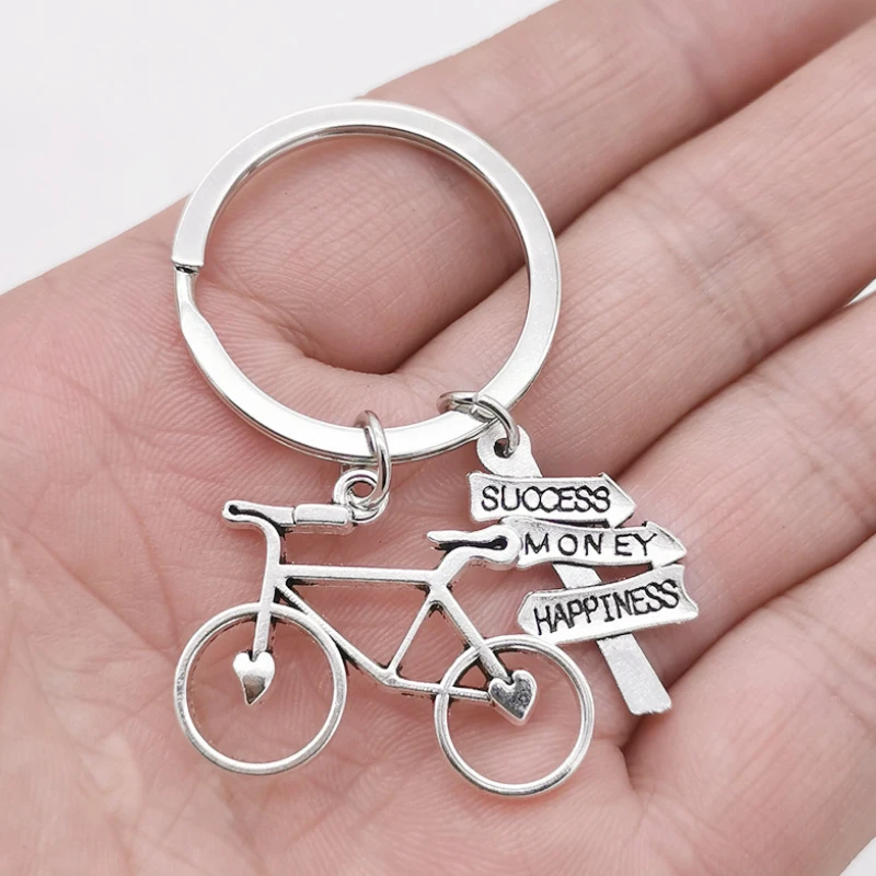 

Cycling Bicycle Bike Life Signs Success Money Happiness Guideboard KeyChain KeyRing Women Accessories Jewelry Pendant