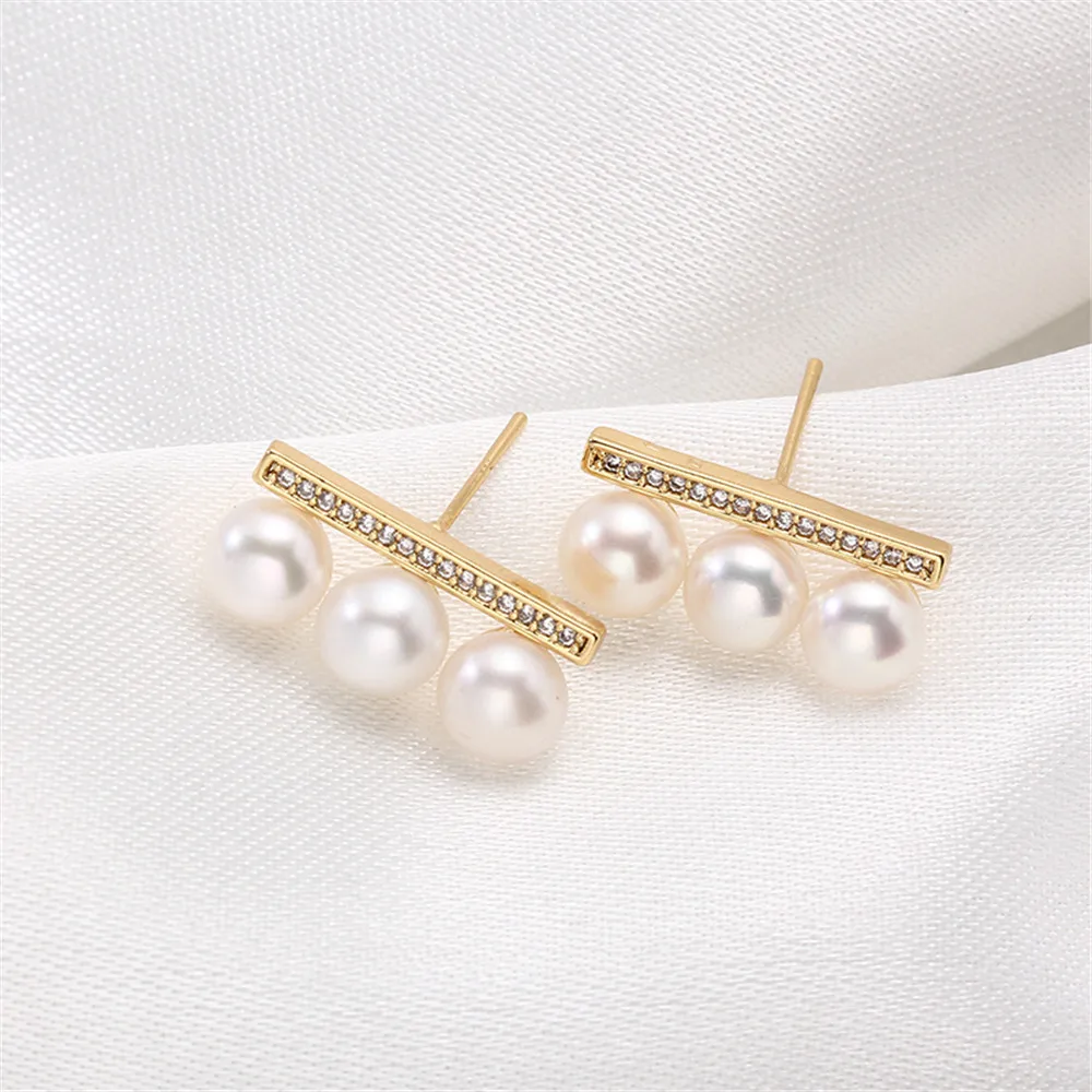 

14K gold color retaining balance beam three pearls S925 silver ear nail Earrings DIY accessories female