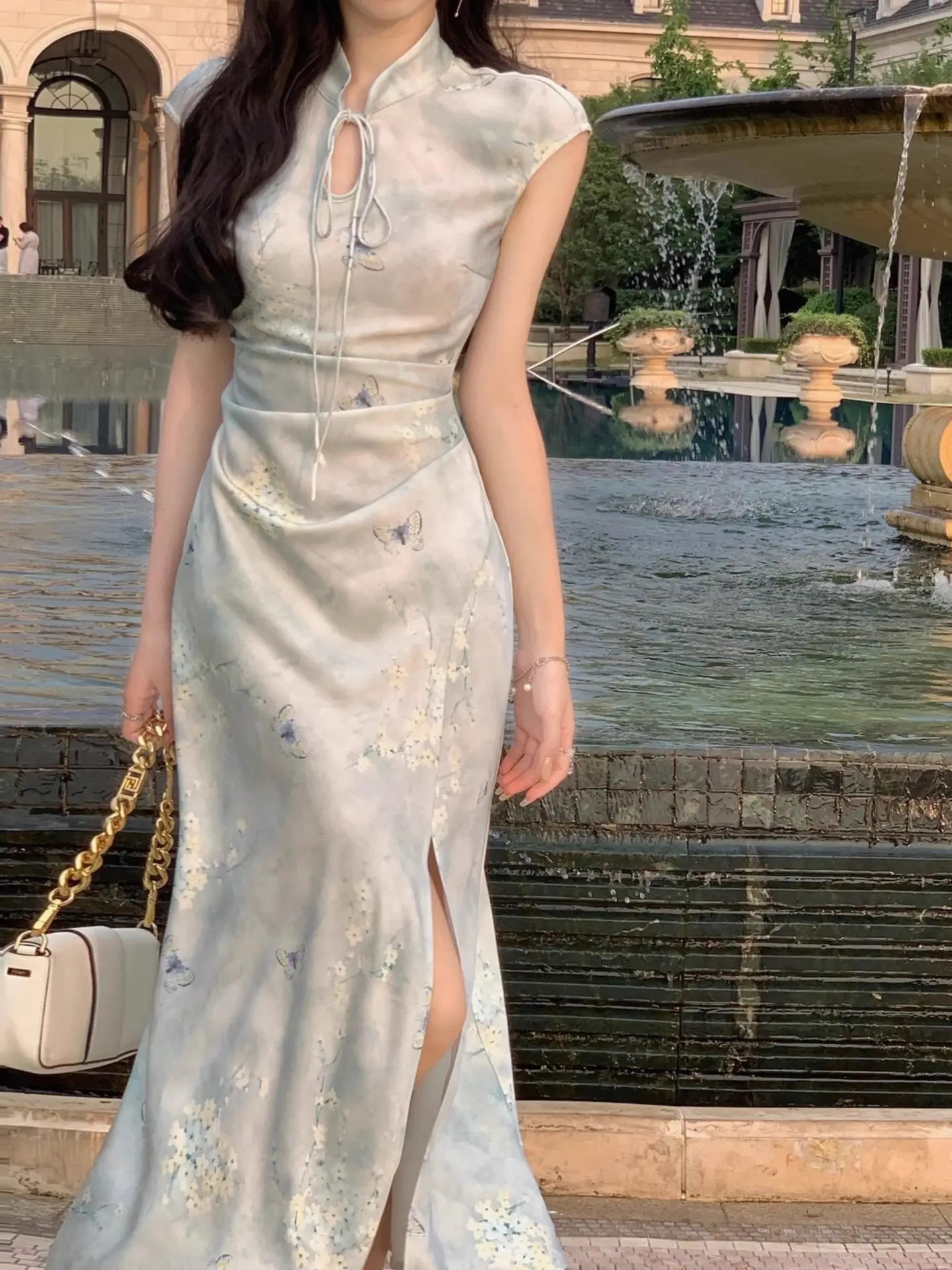 

Summer Women Slim Bodycon Elegant Midi Split Satin Dress Lady Chinese Style Clothes New One Piece Robe