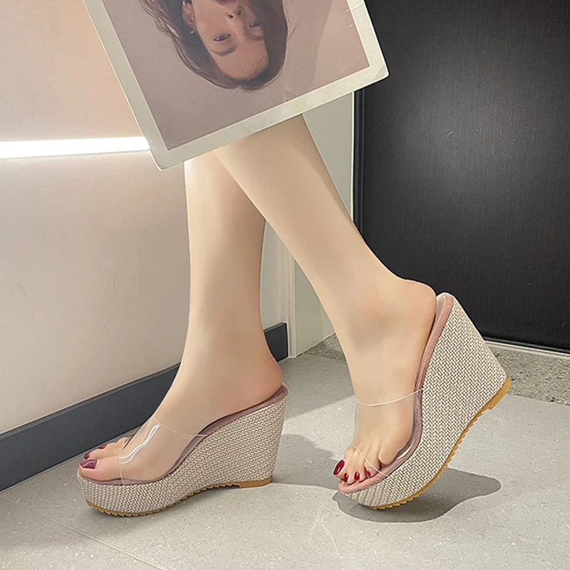 

Shoes Women Transparent Slippers Platform On A Wedge Pantofle Heeled Mules Slides Soft Summer 2023 High PU Rome Rubber Super