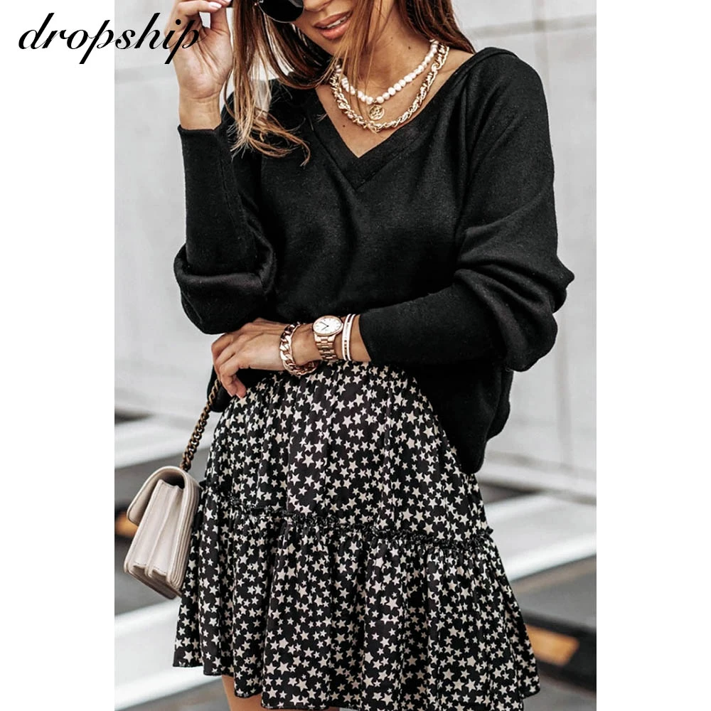 

Sweaters For Women Fashion V Neck Lantern Sleeve Backless Drawstring Ruched Sweater Pullovers Solid Black White Winter Clothes