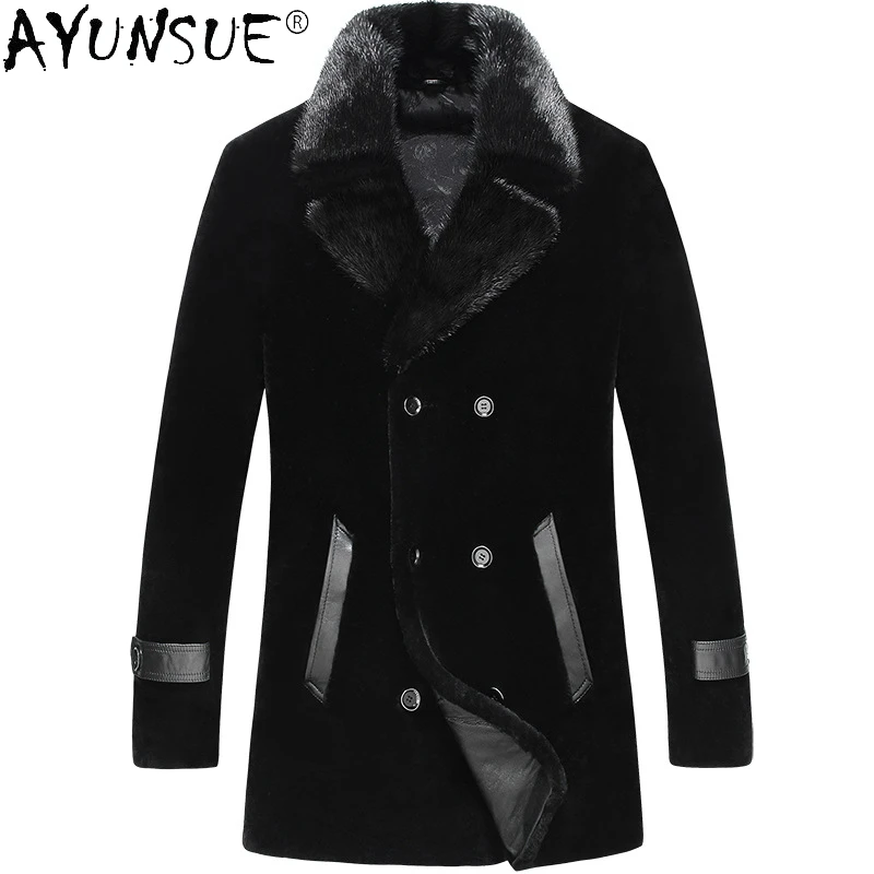 

AYUNSUE Real Mink Fur Collar Winter Coat Man Thicken Long Wool Coat Men Clothing Sheep Shearling Coats Casaco Masculino Inverno