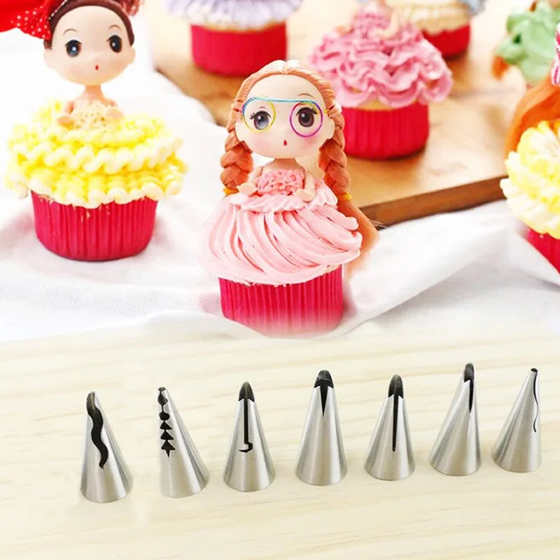 

7pcs/set Diy Cake Baking Decoration Pleated Skirt Cream Decorating Mouth Kitchen Accessories Reusable Pink Tip